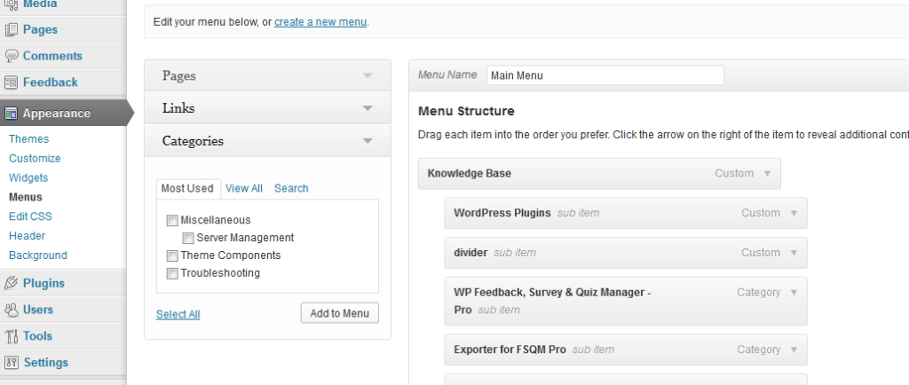 Creating menu from WordPress Appearance
