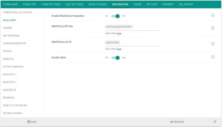 Mailchimp integration settings