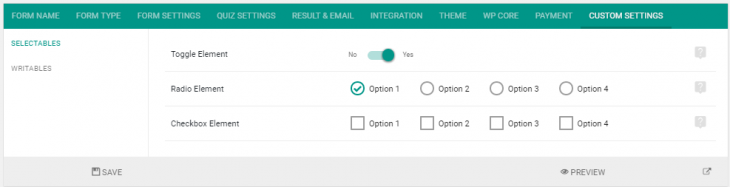 Populated Horizontal tab with options elements