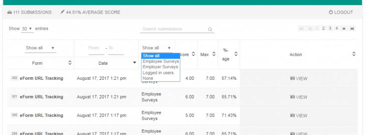 Showing filter options on portal page
