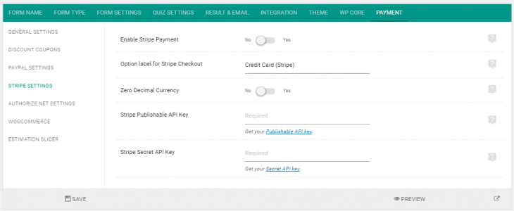 Enabling stripe inside eform