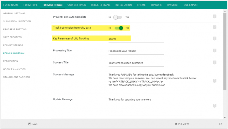 Enable url tracking in form setting